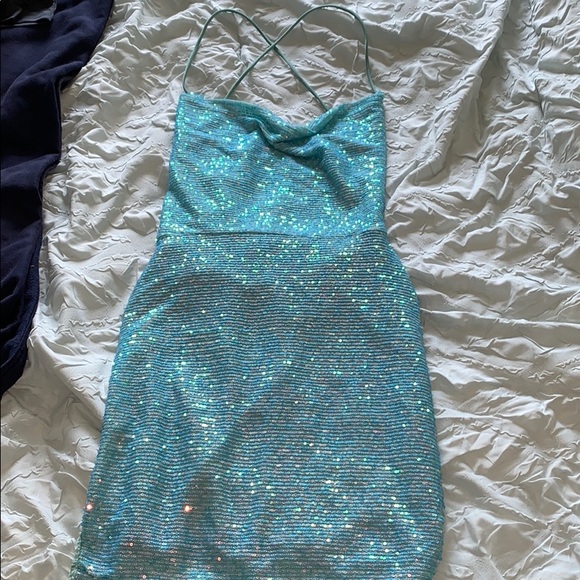 sequin cowl neck dress in teal blue, lace up back - Picture 3 of 7